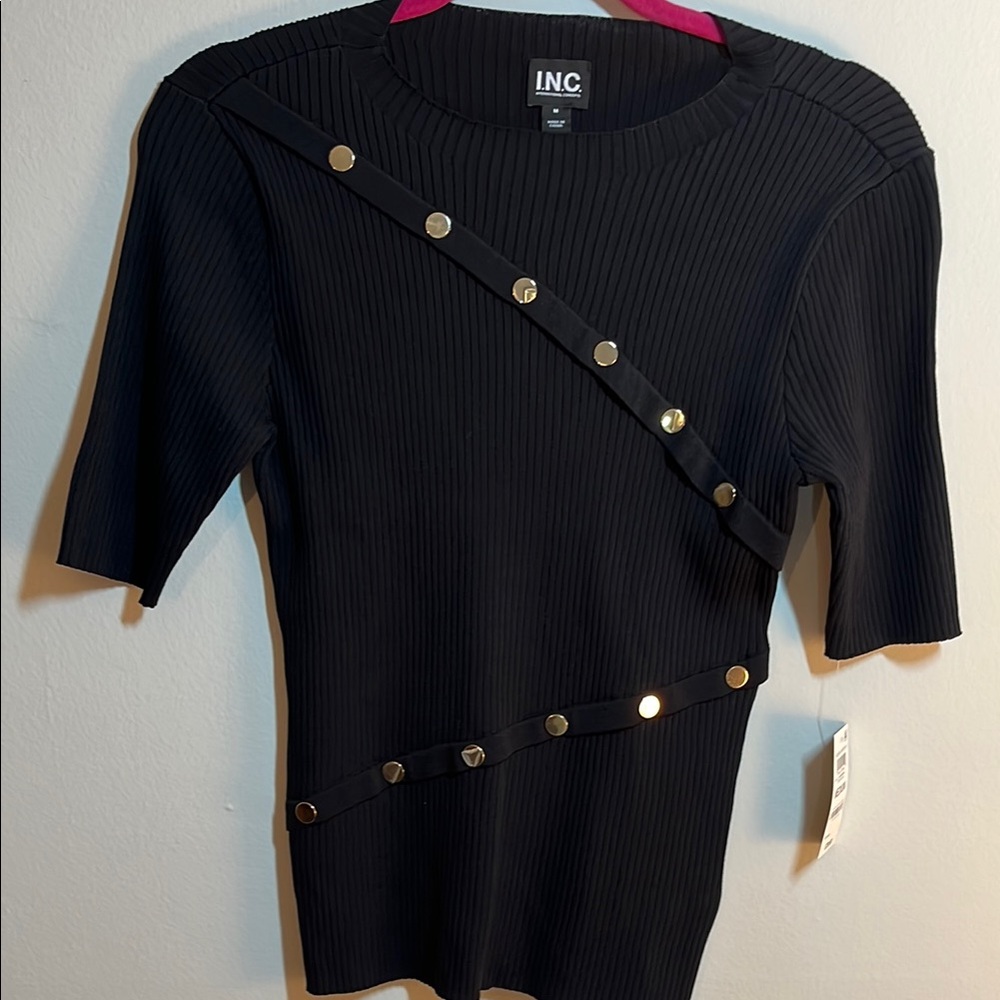 NWT- INC International Concepts Black Ribbed Sweater with Gold Buttons